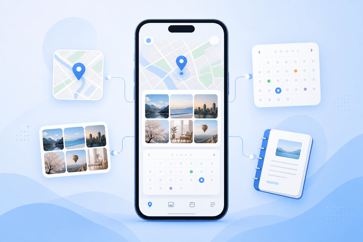 Life Tracker 앱 — 지도, 사진, 일정, 다이어리가 연결된 라이프 트래킹 일러스트